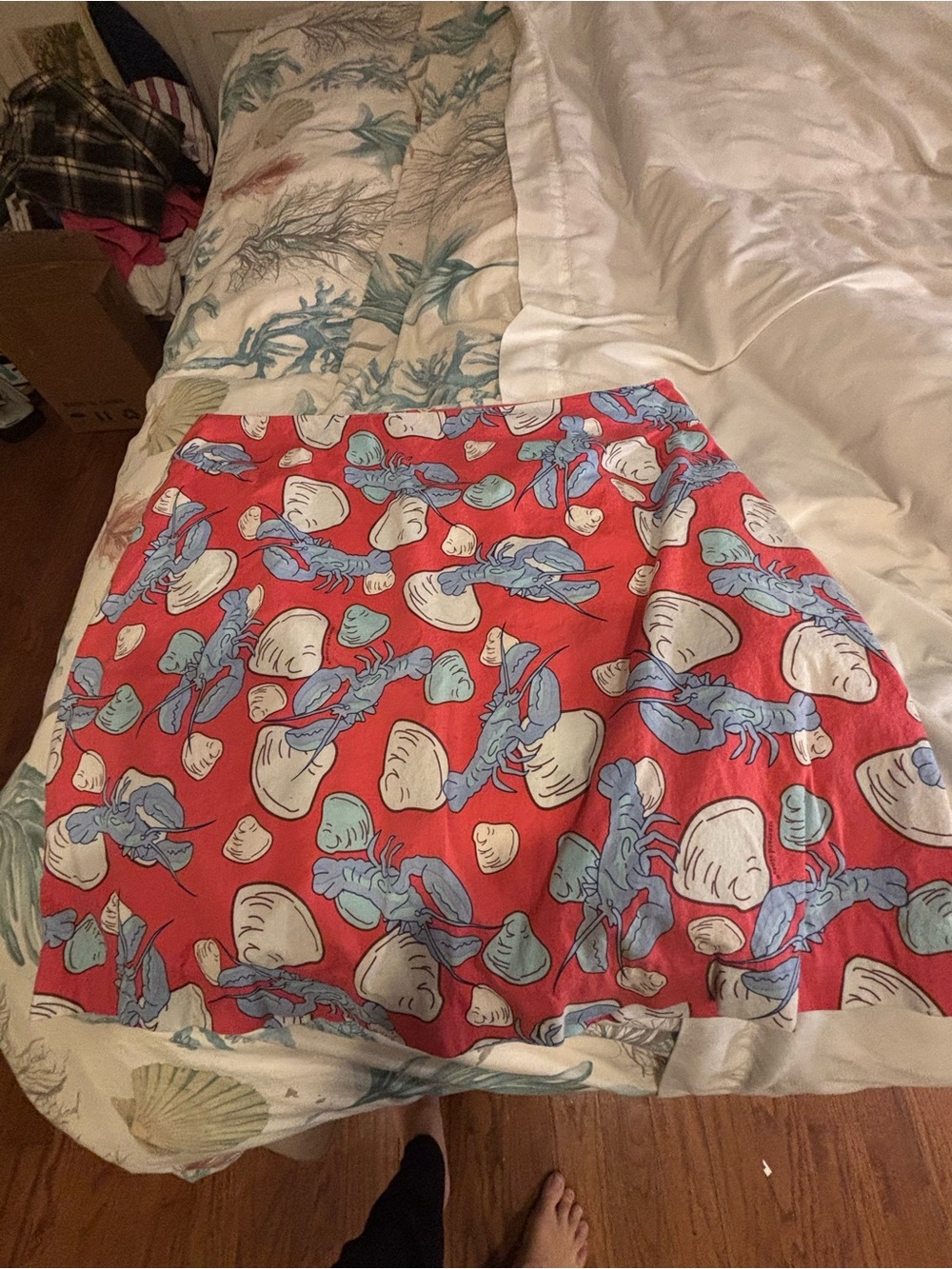 Vineyard Vines Coral Red Skater Skirt with Blue Lobster & White Shells